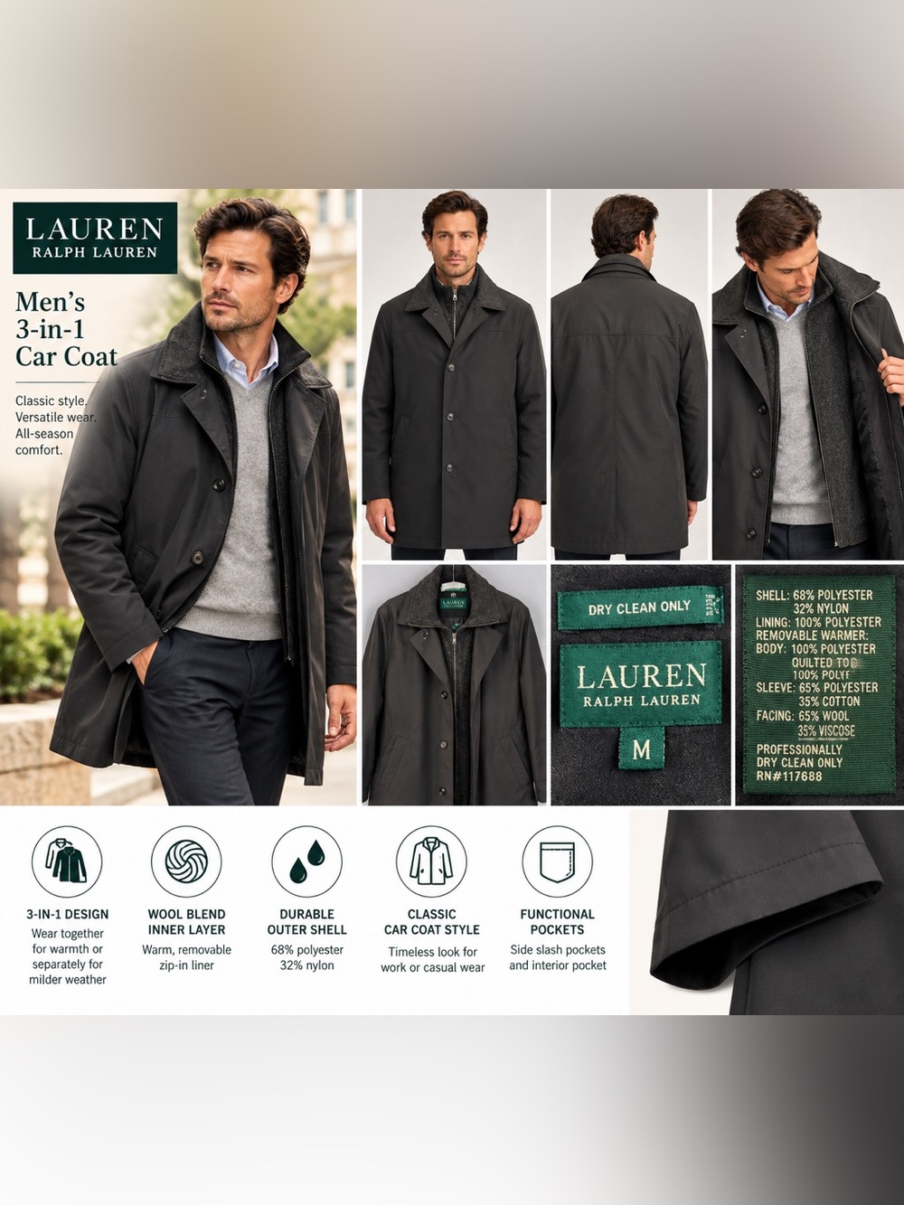 Lauren Ralph Lauren Men’s Medium 3-in-1 Wool Blend Lined Car Coat Black